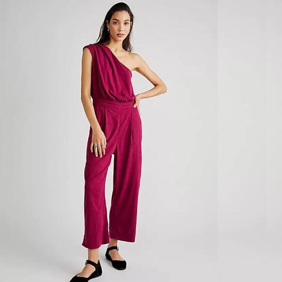 NEW Free People Avery Jumpsuit One Shoulder Magenta Pink Sz 6 Small Modern Muse - Picture 2 of 11